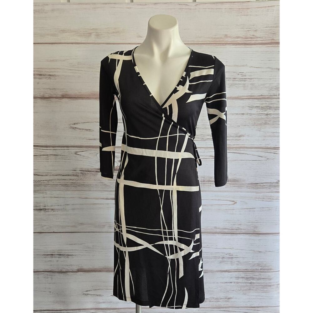 Juno Black and White Abstract Print Wrap Dress 3/4 Sleeves sz Small